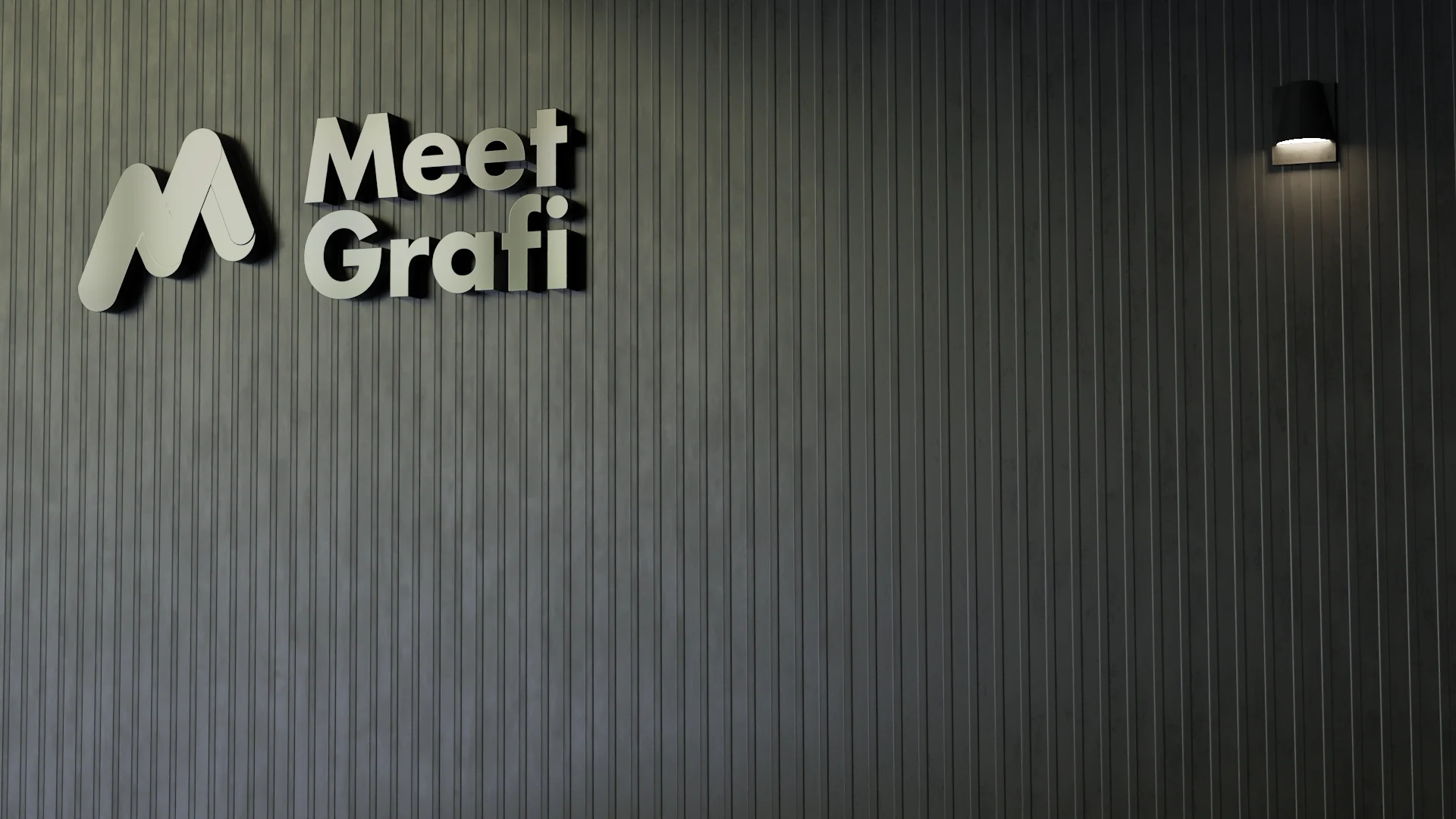 MeetGrafi logo rendered as a premium office wall video call backdrop
